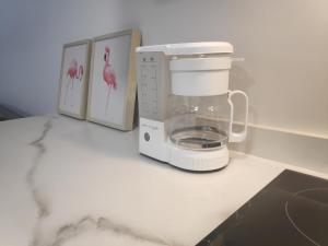 eine Küchentheke mit Kaffeemaschine und Mixer in der Unterkunft Apartamentos CANDEA in Lugo