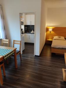 Zimmer mit einem Tisch und einem Bett sowie einer Küche in der Unterkunft Apartment Reichenhall in Bad Reichenhall