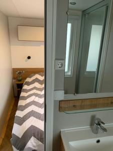 a bathroom with a sink and a mirror at Gezellig chalet in het mooie Zeeland - Oostkapelle in Oostkapelle +16 photos