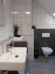 a bathroom with a white sink and a toilet at Rooftrop Apartments Ulm - komfortable neue Unterkunft im Herzen von Ulm in Ulm