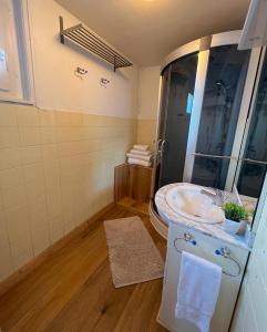 łazienka z umywalką i prysznicem w obiekcie Appartement 2pieces Hyper Centre Les Houches, proche Chamonix w mieście Les Houches +11 zdjęć