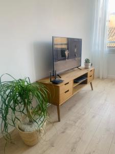 sala de estar con TV de pantalla plana en un centro de entretenimiento de madera en SAN LORENZO HUESCA con parking, en Huesca