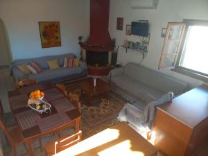 a living room with a couch and a fireplace at Rodomelo House - 3 Bedrooms in Leonidio
