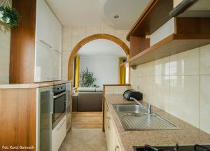 eine Küche mit einer Spüle und einer Arbeitsplatte in der Unterkunft Apartament na Traugutta in Elblag