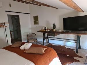 a bedroom with a bed with a flat screen tv at La Maison de Lyna in Aigues-Mortes