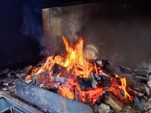Un feu brûle dans un grill avec des flammes dans l'établissement Vista Do Vale, à Furnas