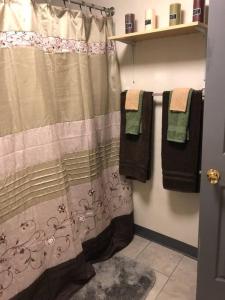 y baño con ducha, toallas y cortina. en Cuddys Place, en Pittsburgh
