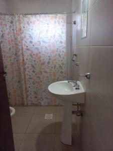 y baño con lavabo y ducha. en Cabañas Vista Andes IV en Luján de Cuyo