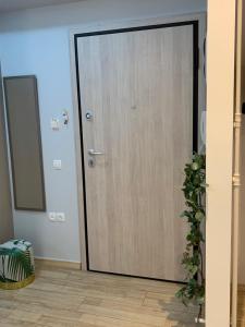 eine Holztür in einem Zimmer mit einer Pflanze in der Unterkunft Marina Alkamenous apartment in Athen