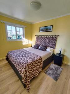 1 dormitorio con cama con colcha púrpura y ventana en Bello y cómodo departamento a minutos del centro en Santiago