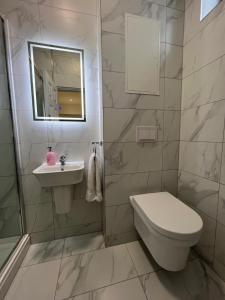 a bathroom with a toilet and a sink and a mirror at Winckley Square Residences in Preston