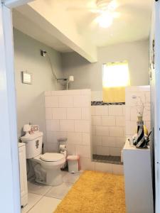a bathroom with a toilet and a sink and a window at Casa Amalia Beach House in Aguada