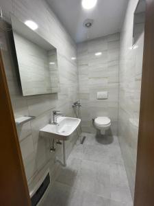 bagno bianco con lavandino e servizi igienici di Perroi Shqiptar a Deçan