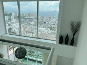 uma vista para uma cidade a partir de uma janela com vasos em Beautiful 1 Br Loft Apartment em Manizales