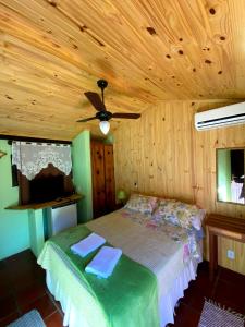 - une chambre avec un lit et un ventilateur de plafond dans l'établissement Pousada Donna Rose, à Penedo