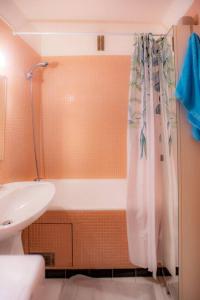 La salle de bains est pourvue d'un rideau de douche et d'un lavabo. dans l'établissement Studio with Balcony, à Paris