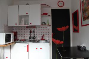 ル・コルビエにあるStudio Vostok Zodiaqueの白いキャビネットと黒いテーブル付きのキッチン