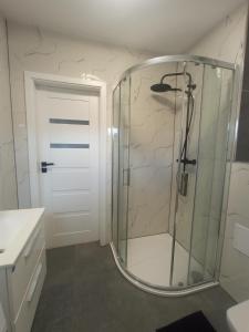 a bathroom with a shower with a glass door at Apartament Wolności in Jelenia Góra