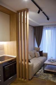 ein Wohnzimmer mit einer Couch und einem Tisch in der Unterkunft Borovi snovi Divčibare in Divčibare