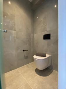 a bathroom with a toilet and a shower at Skiathos Gea Villas in Achladies