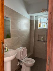 a bathroom with a toilet and a sink at Zoe Homes 1br and 2br Apartment Greypoint 406 in Kericho