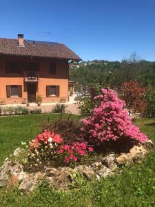 a bush of pink flowers in front of a house at B&B Castelvecchio in Ferrere