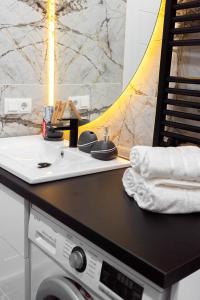 RentWill apartments Grey في كيشيناو: حمام مع مغسلة وغسالة ملابس
