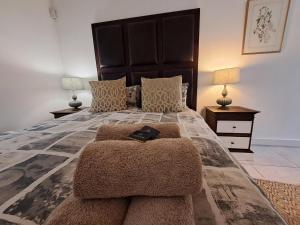 una camera con un grande letto con una sedia e lampade di Fiore Guest Accommodation a Greyton