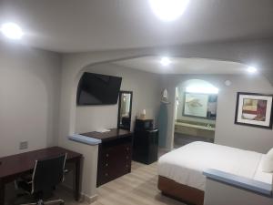 um quarto com uma cama, uma secretária e um espelho em Cotulla Executive Inn em Cotulla