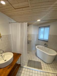 a bathroom with a tub and a sink and a shower at Kenting Little House in Kenting