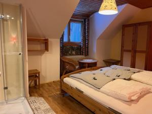 um quarto com uma cama e um chuveiro em Apartment Knaushof - RMU200 by Interhome em Ramsau am Dachstein