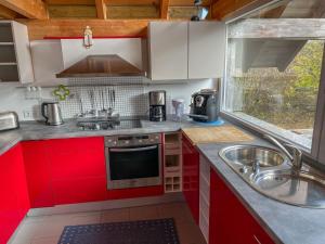 una cucina con armadi rossi, lavandino e finestra di Chalet Christine by Interhome a Molberting