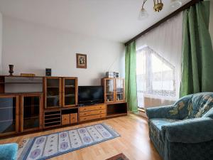 uma sala de estar com um sofá e uma televisão de ecrã plano em Apartment Klondajk - HRA120 by Interhome em Harrachov