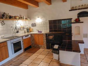 a kitchen with wooden cabinets and a stove top oven at Holiday Home Waldhaus by Interhome in Fernsdorf