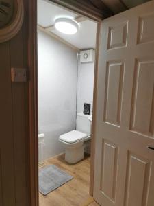 a bathroom with a white toilet and a door at The Cwtch Knighton Powys Hot Tub included in Knighton