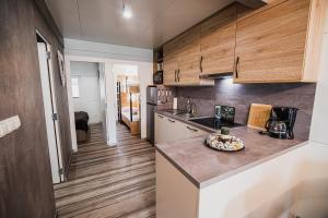 cocina con armarios de madera y encimera en Premium Mobile Homes with thermal riviera tickets, en Čatež ob Savi