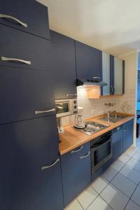 La cuisine est équipée de placards bleus et d'un four avec plaques de cuisson. dans l'établissement Apartment Witthuus-Baltrum by Interhome, à Norddeich