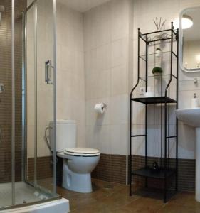 een badkamer met een toilet en een glazen douche bij CDZ - San Telmo, apartamentos con terraza in Cádiz