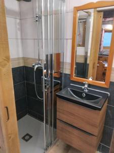 uma casa de banho com um lavatório, um chuveiro e um espelho. em Chalet La Plagne jacuzzi vue top em Montchavin