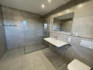Apartment Belvedere by Interhome في ماندرشايد: حمام مع حوض ومرحاض ومرآة