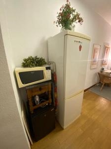 a white refrigerator with a microwave on top of it at Center Madrid habitaciones in Madrid