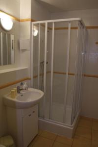 a bathroom with a shower and a sink at Apartmány Areál Ados in Harrachov