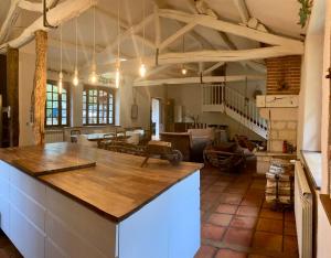 a kitchen with a large island in a room at Domaine du Moulin in Mouzieys-Teulet