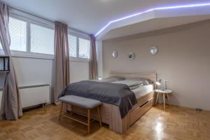 ein Schlafzimmer mit einem Bett und einem großen Fenster in der Unterkunft Apartments Park Šiška Ljubljana in Ljubljana