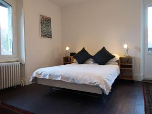 een slaapkamer met een bed met zwarte kussens bij Apartment Le Verger by Interhome in Bex