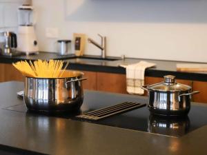 two pots and pans on a counter in a kitchen at Apartment Hédonia A7 by Interhome in Villars-sur-Ollon