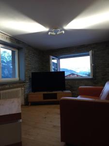 un soggiorno con TV a schermo piatto e 2 finestre di Romantica Grächen a Grächen