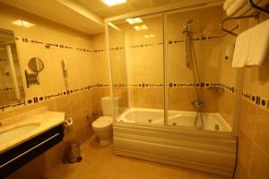 ein Bad mit einer Dusche, einem WC und einem Waschbecken in der Unterkunft ZEO HOTEL merter in Istanbul
