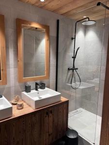 a bathroom with a sink and a shower at Cocon au pied des pistes de ski du Mont-d'Arbois in Megève