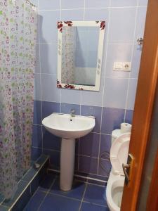 a bathroom with a sink and a toilet and a mirror at New Build Apartment On Argishti Street in Yerevan